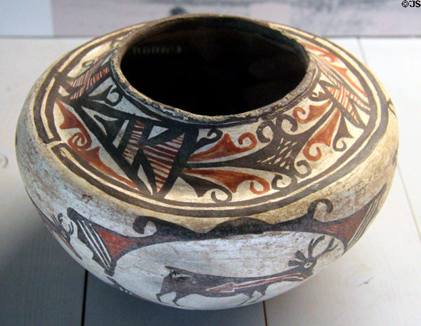 Ceramic Zuni culture container with deer pierced with line of life décor (19thC) from Southwest USA at Five Continents Museum. Munich, Germany.