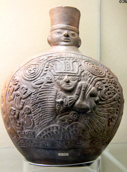 Tiwanaku-Wari culture ceramic flask (600-1100 CE) from central coast of Peru at Five Continents Museum. Munich, Germany.