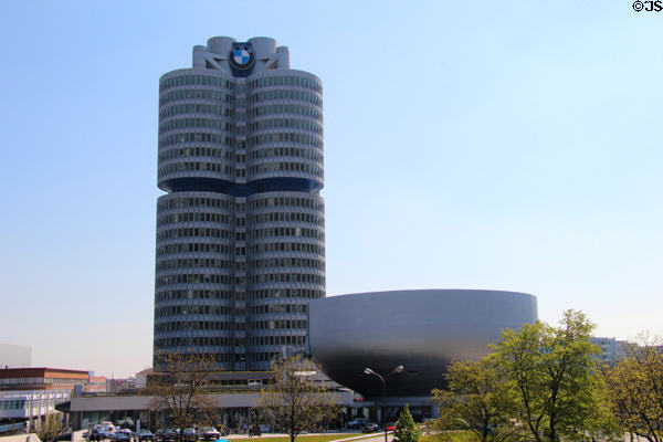BMW campus including BMW Tower & BMW Museum building. Munich, Germany.