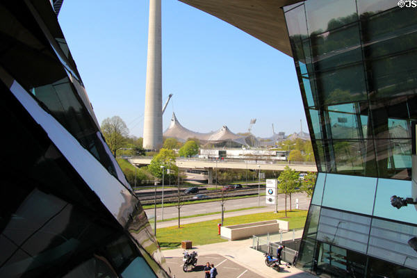 View from BMW World to nearby Olympic stadium. Munich, Germany.