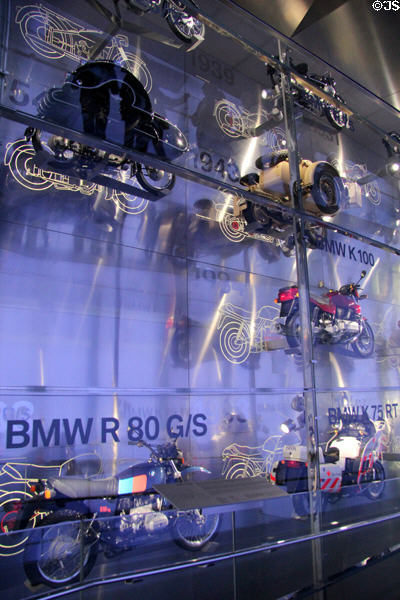 Wall of motorcycles display at BMW Museum. Munich, Germany.