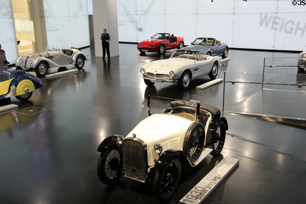 Array of historic BMW racing cars at BMW Museum. Munich, Germany.