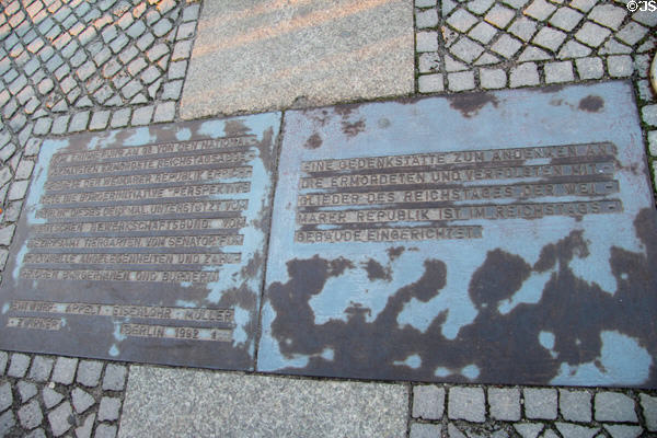 Explanatory plaque (1992) of Memorial to 96 Murdered Members of the German Reichstag by the Nazis (1933-45). Berlin, Germany.