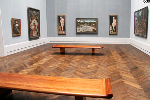 Art gallery with wooden benches at Berlin Gemaldegalerie. Berlin, Germany.