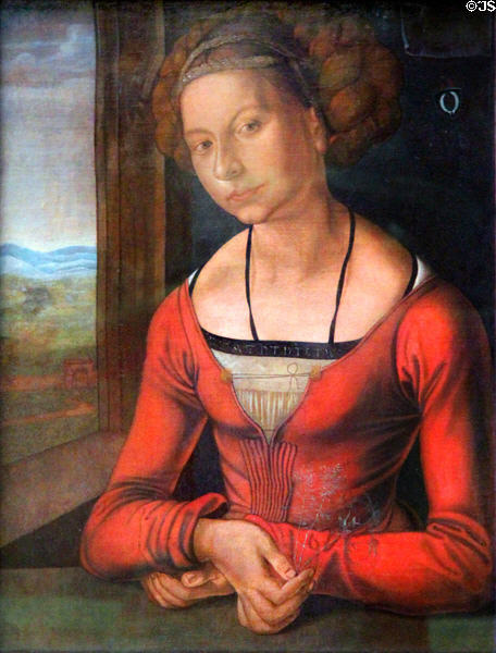 Portrait of Frau Fürleger with braided hair (1497) by Albrecht Dürer at Berlin Gemaldegalerie. Berlin, Germany.