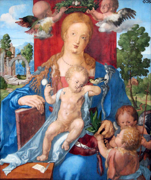 Madonna & child with siskin bird painting (1506) by Albrecht Dürer at Berlin Gemaldegalerie. Berlin, Germany.