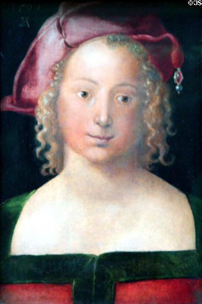 Portrait of young woman with red hat (1507) by Albrecht Dürer at Berlin Gemaldegalerie. Berlin, Germany.
