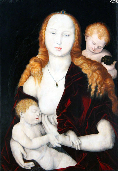 Maria with child & angel painting (c1539) by Hans Baldung Grien at Berlin Gemaldegalerie. Berlin, Germany.