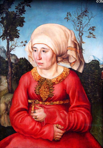 Portrait of wife of Legal Scholar (1503) by Lucas Cranach the Elder at Berlin Gemaldegalerie. Berlin, Germany.