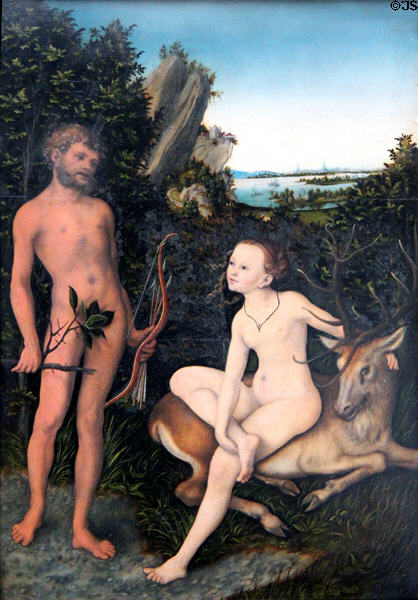 Apollo & Diana in Wooded Landscape painting (1530) by Lucas Cranach the Elder at Berlin Gemaldegalerie. Berlin, Germany.