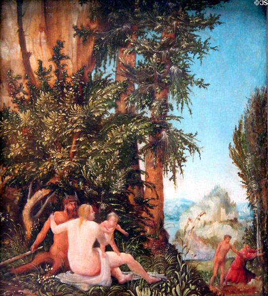Satyr Family on Landscape painting (1507) by Albrecht Altdorfer from Regensburg at Berlin Gemaldegalerie. Berlin, Germany.