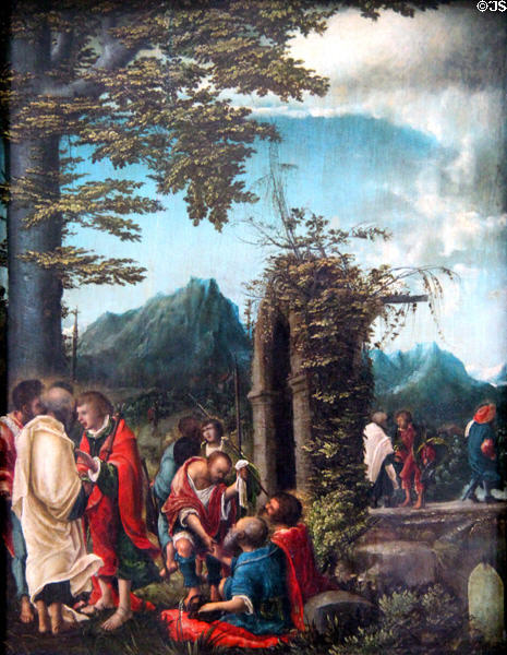 Farewell of apostles in a wooded landscape painting (c1523) by Albrecht Altdorfer from Regensburg at Berlin Gemaldegalerie. Berlin, Germany.