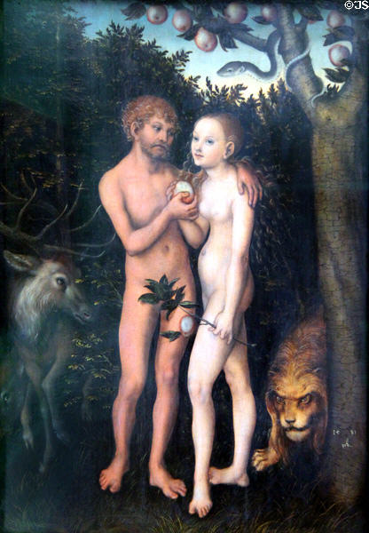 Adam & Eve in Paradise painting (1531) by Lucas Cranach the Elder at Berlin Gemaldegalerie. Berlin, Germany.
