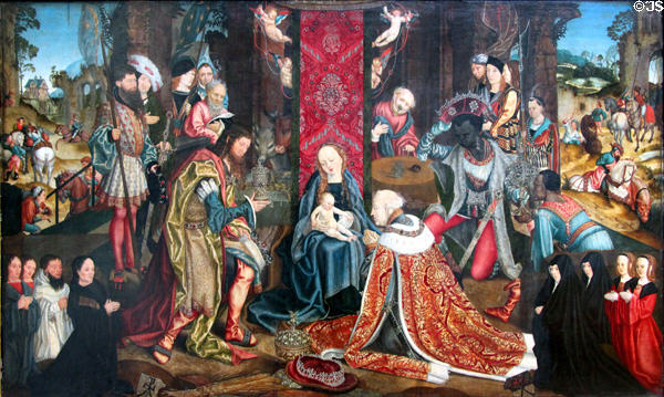 Worship of Three Kings painting (1510) by Meister des Aachener Altars at Berlin Gemaldegalerie. Berlin, Germany.