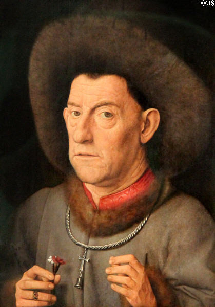 Portrait of a man with carnation by follower of Jan van Eyck at Berlin Gemaldegalerie. Berlin, Germany.