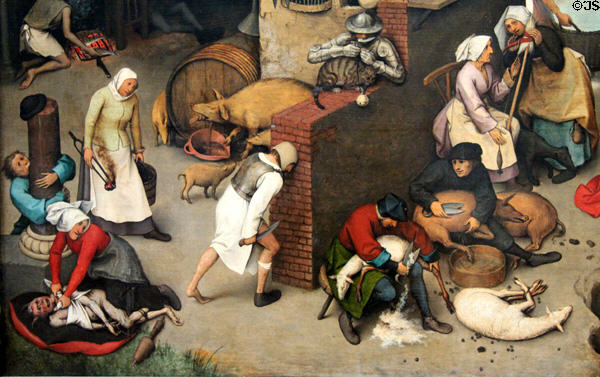 Details of Dutch proverbs & sayings painting (1559) by Pieter Bruegel the Elder at Berlin Gemaldegalerie. Berlin, Germany.