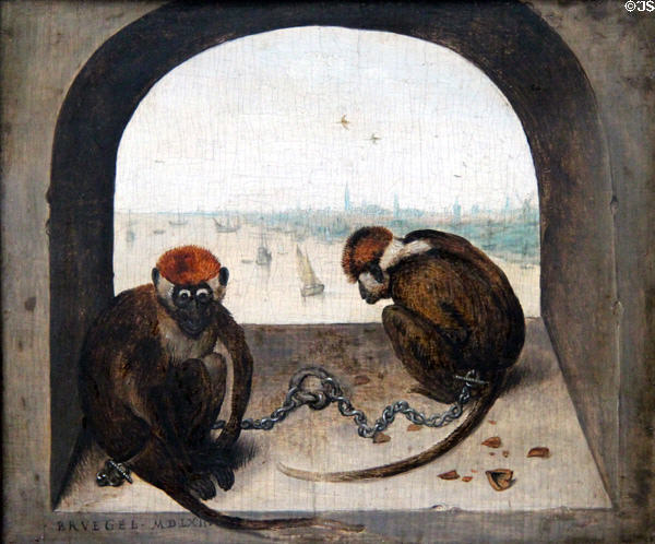 Two chained apes painting (1562) by Pieter Brueghel the Elder at Berlin Gemaldegalerie. Berlin, Germany.