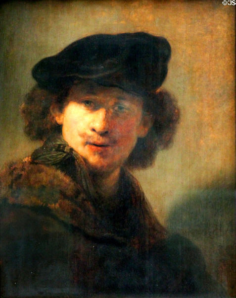 Self portrait velvet beret & coat with fur collar (1634) by Rembrandt van Rijn at Berlin Gemaldegalerie. Berlin, Germany.
