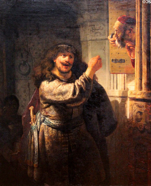 Samson threatens his father-in-law painting (1635) by Rembrandt van Rijn at Berlin Gemaldegalerie. Berlin, Germany.
