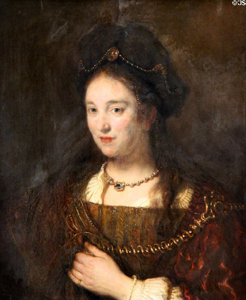 Saskia van Uylenburgh, the painter's wife painting (1643) by Rembrandt van Rijn at Berlin Gemaldegalerie. Berlin, Germany.