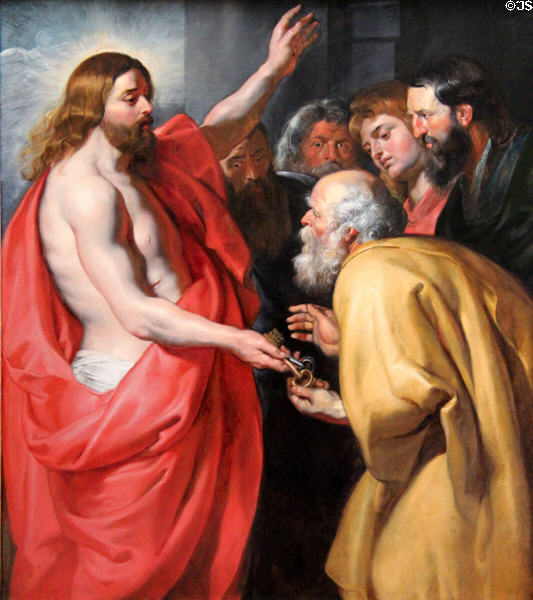 Christ gives St. Peter keys to the kingdom painting (1613-5) by Peter Paul Rubens at Berlin Gemaldegalerie. Berlin, Germany.