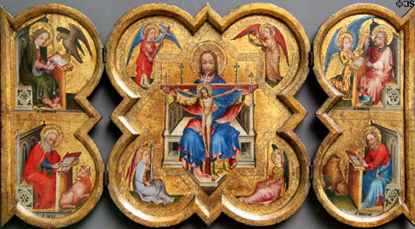 Triptych of Trinity surrounded by Evangelists painting (c1390) from Netherlands at Berlin Gemaldegalerie. Berlin, Germany.