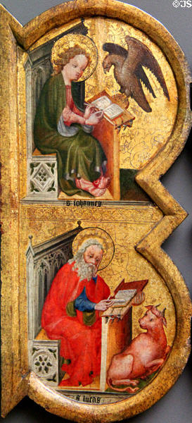 Detail of Trinity Triptych panel with Evangelists John & Lucas painting (c1390) from Netherlands at Berlin Gemaldegalerie. Berlin, Germany.