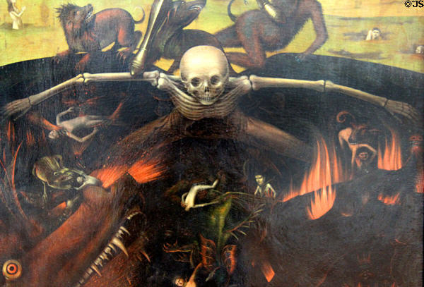 Detail of hell fires on Last Judgment painting (1452) by Petrus Christus at Berlin Gemaldegalerie. Berlin, Germany.