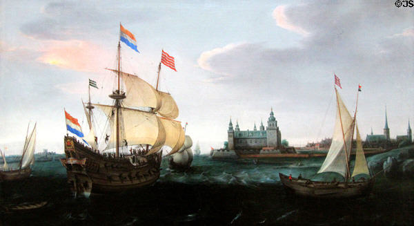 Dutch three-masted ship at entrance to sound of Kronborg Castle painting (1614) by Hendrick Cornelisz Vroom at Berlin Gemaldegalerie. Berlin, Germany.