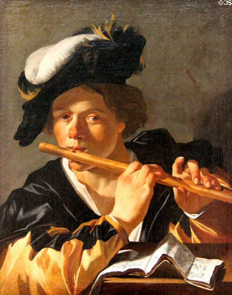 Flute player painting (early 17thC) by Dirck van Baburen from Utrecht at Berlin Gemaldegalerie. Berlin, Germany.