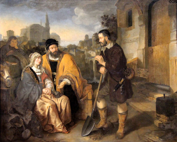 The field worker from Gibeah offers accommodation to the Levite and his concubine painting (1645) by Gerbrandt van den Eeckhout at Berlin Gemaldegalerie. Berlin, Germany.