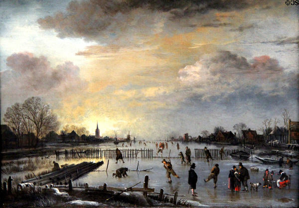 Winter landscape with skaters painting (1655-60) by Aert van der Neer at Berlin Gemaldegalerie. Berlin, Germany.