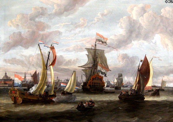 View of Amsterdam with Ij waterfront & sailing ships painting by Abraham Storck at Berlin Gemaldegalerie. Berlin, Germany.