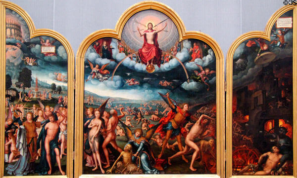 Last Judgment triptych painting (c1520-25) by Jean Bellegambe from Douai at Berlin Gemaldegalerie. Berlin, Germany.