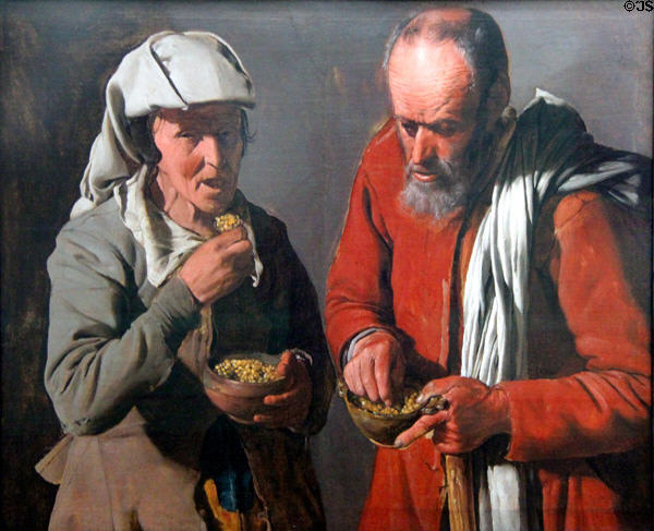 Peasant couple eating peas painting (c1622-5) by Georges de La Tour at Berlin Gemaldegalerie. Berlin, Germany.