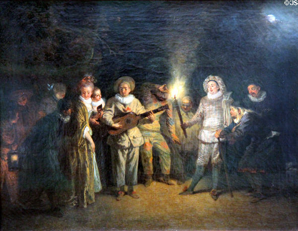 Italian Comedy painting (after 1716) by Jean Antoine Watteau at Berlin Gemaldegalerie. Berlin, Germany.