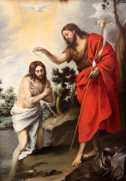 Baptism of Christ painting (c1655) by Bartolomé Esteban Murillo at Berlin Gemaldegalerie. Berlin, Germany.
