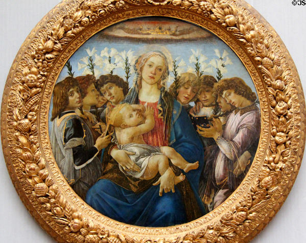Maria with child & singing angels painting (c1477) by Sandro Botticelli at Berlin Gemaldegalerie. Berlin, Germany.