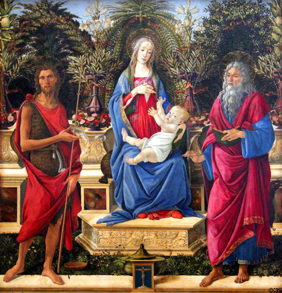 Enthroned Maria with child & both St, Johns painting (c1484-5) by Sandro Botticelli at Berlin Gemaldegalerie. Berlin, Germany.