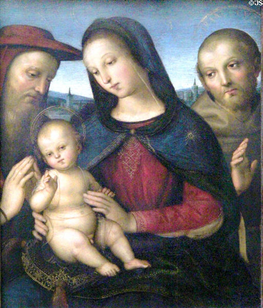 Maria & child making blessing plus Sts Jerome & Francis painting (c1502) by Raphael at Berlin Gemaldegalerie. Berlin, Germany.