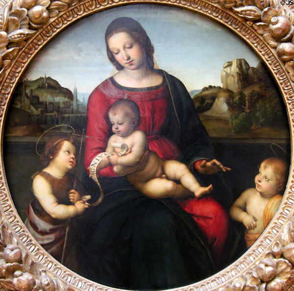 Maria & child plus John the Baptist plus holy boy painting (c1505) by Raphael at Berlin Gemaldegalerie. Berlin, Germany.