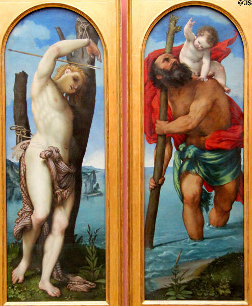 St. Sebastian & St. Christopher painting (1531) by Lorenzo Lotto at Berlin Gemaldegalerie. Berlin, Germany.
