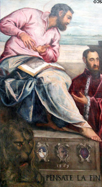 Detail of Evangelist St Mark & Lion on Three Venetian officials painting (1571) by Tintoretto at Berlin Gemaldegalerie. Berlin, Germany.