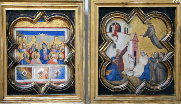 Holy Spirit over Maria plus Francis raises a child paintings (c1335) by Taddeo Gaddi at Berlin Gemaldegalerie. Berlin, Germany.