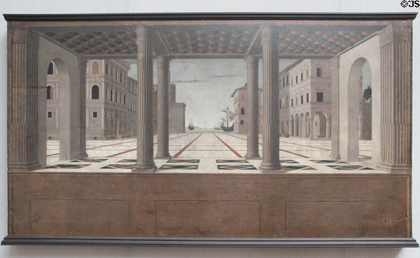 Architectural perspective painting (c1489-1500) by Francesco di Giorgio Martini at Berlin Gemaldegalerie. Berlin, Germany.
