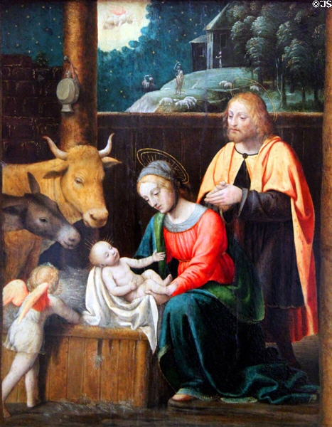 Birth of Christ painting (early 16thC) by Bernardino Luini at Berlin Gemaldegalerie. Berlin, Germany.