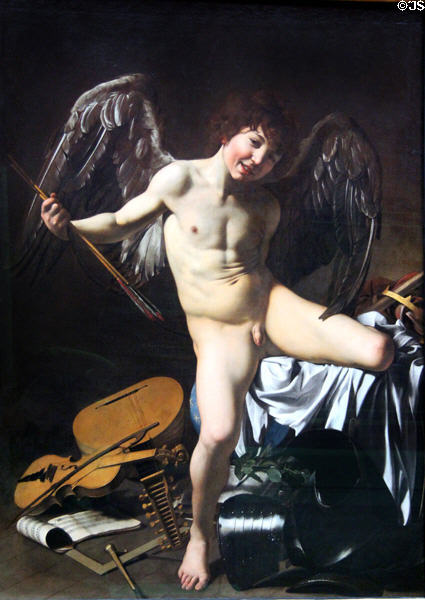 Amor as Victor painting (1601-2) by Caravaggio at Berlin Gemaldegalerie. Berlin, Germany.