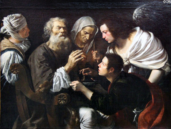 Healing of Tobias painting (1615-20) by follower of Caravaggio at Berlin Gemaldegalerie. Berlin, Germany.