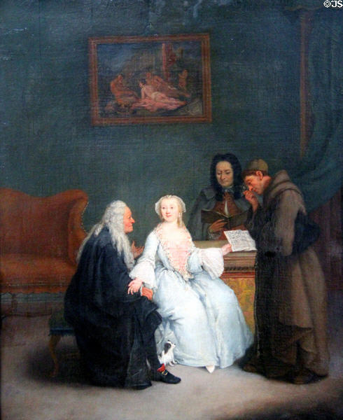 Music hour painting (1760-70) by Pietro Longhi at Berlin Gemaldegalerie. Berlin, Germany.