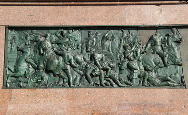 German War at Königgrätz (1866) left half of south bronze panel by Moritz Schulz with damage from WWII on Victory Column. Berlin, Germany.